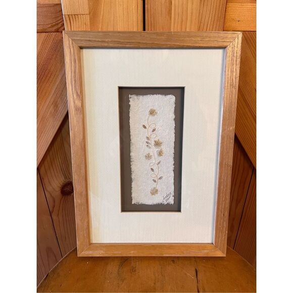 Artwork Art W/ Real Fibers Leaves Petals On Handmade Paper ‘00 Signed - Picture 1 of 11